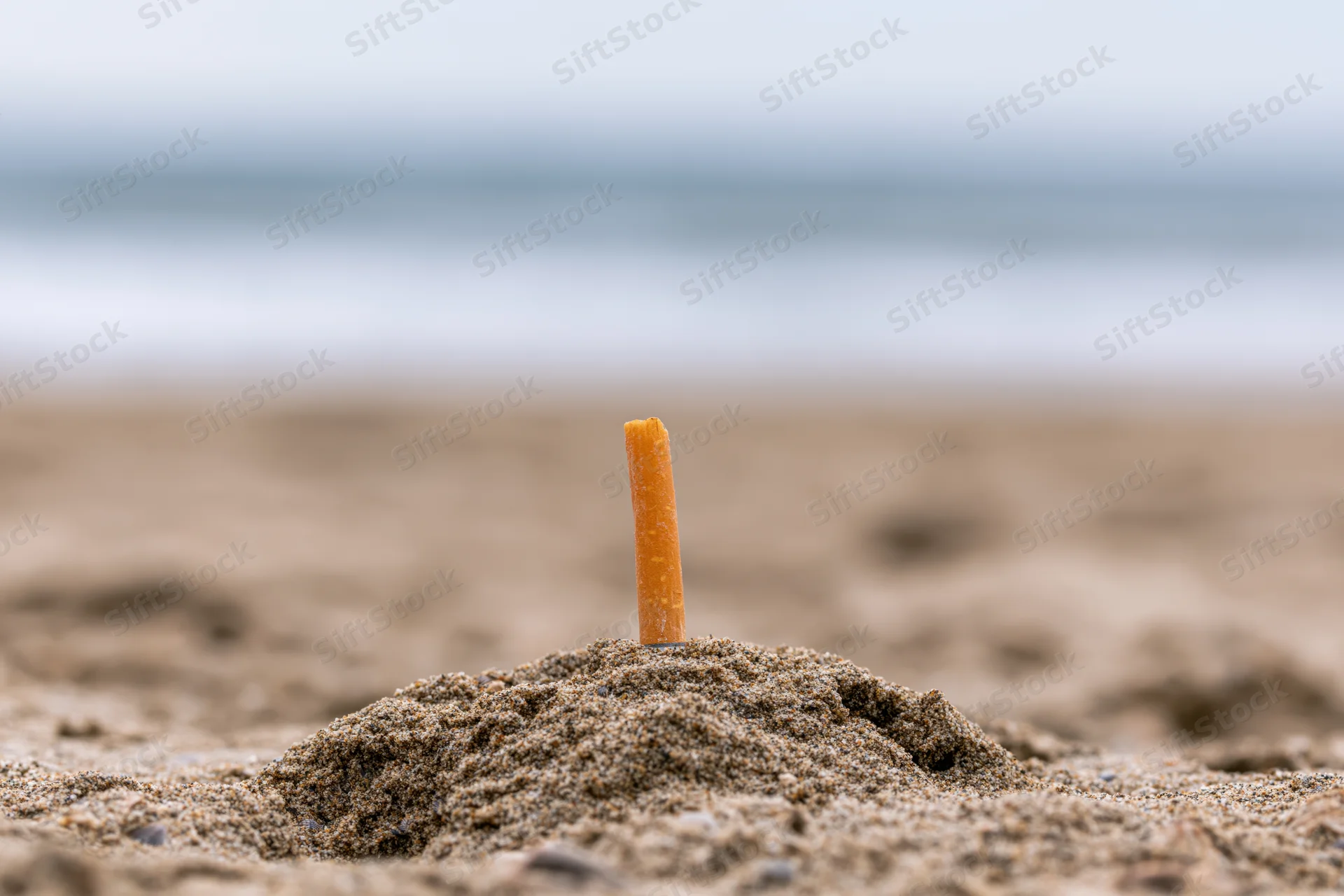 Cigarette butt stuck upright in sand mound on beach with ocean in background