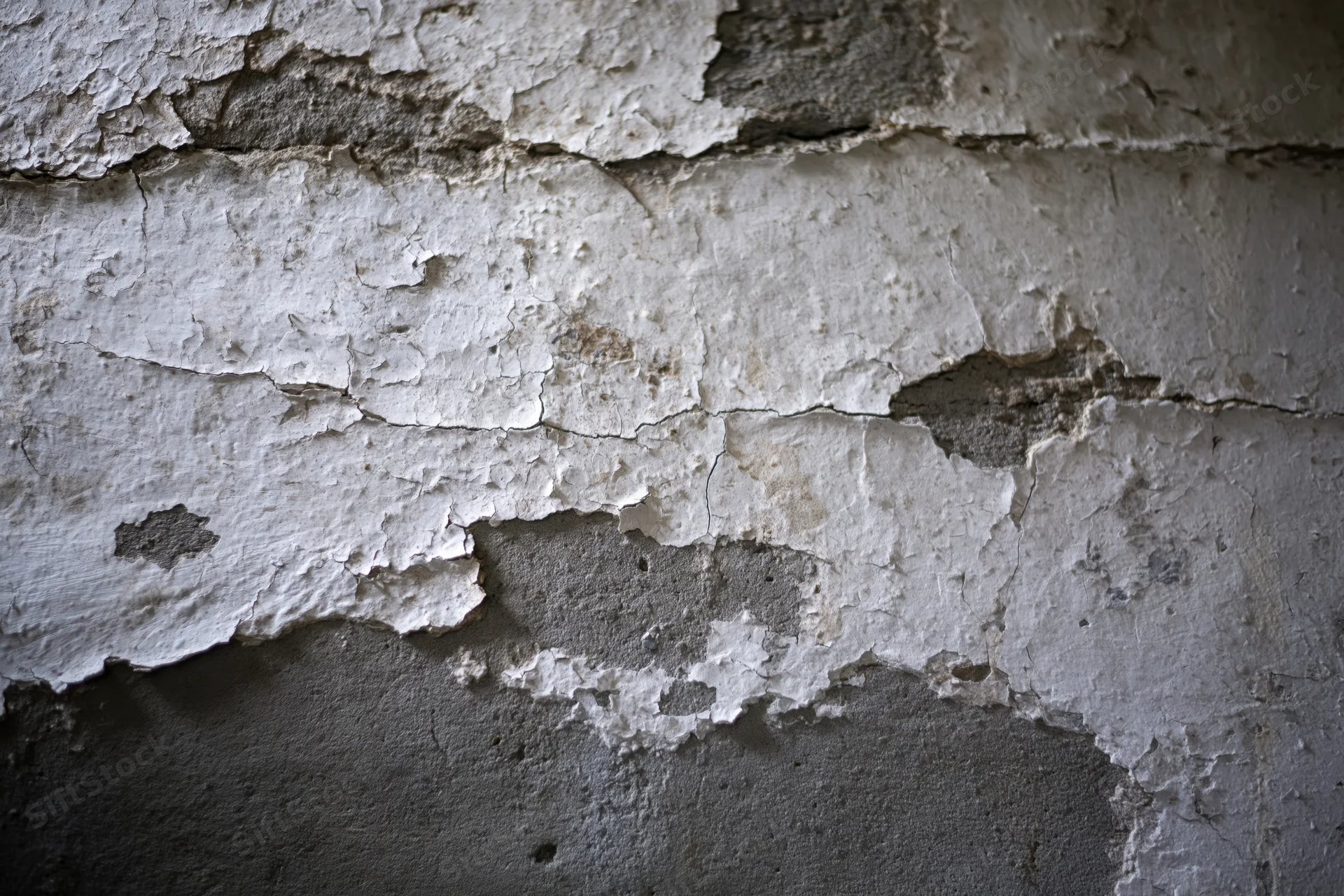 Peeling white plaster on a cracked concrete wall in an abandoned interior