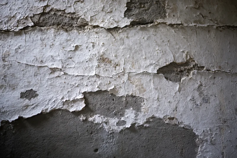 Peeling white plaster on a cracked concrete wall in an abandoned interior