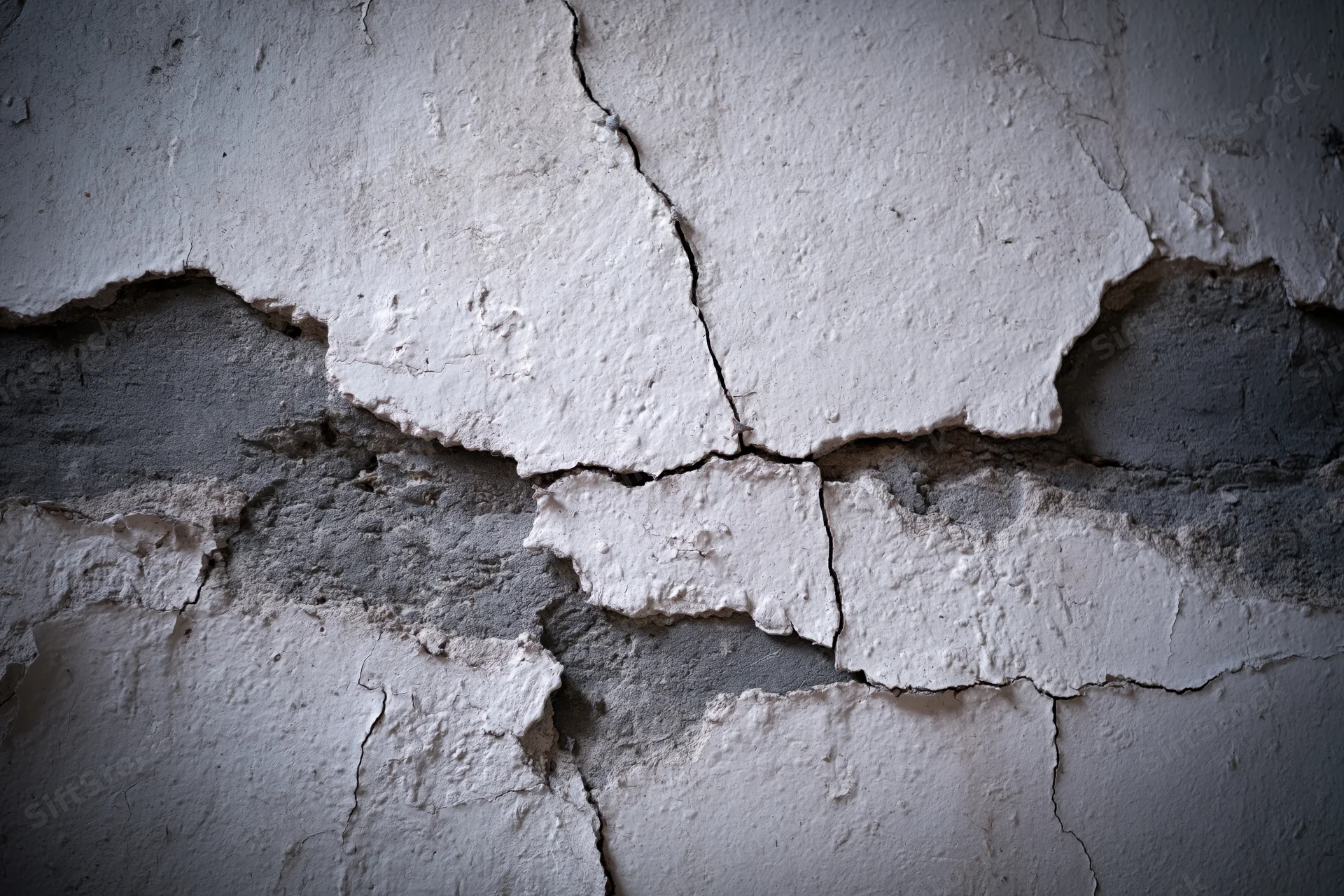 Peeling white plaster on a cracked concrete wall in an abandoned interior