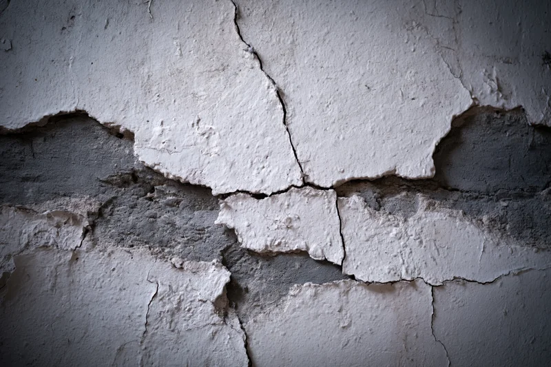 Peeling white plaster on a cracked concrete wall in an abandoned interior