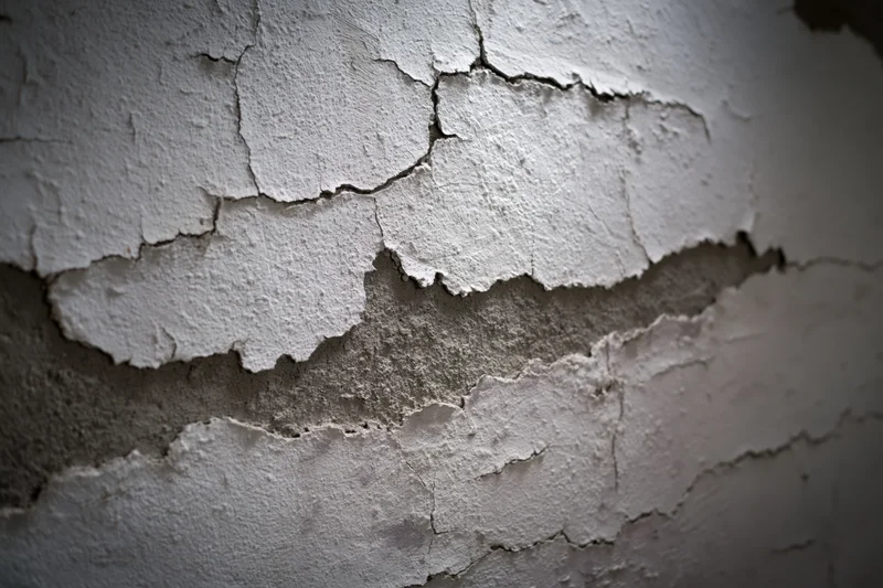 Close-up of peeling white plaster on a cracked concrete wall in an abandoned interior
