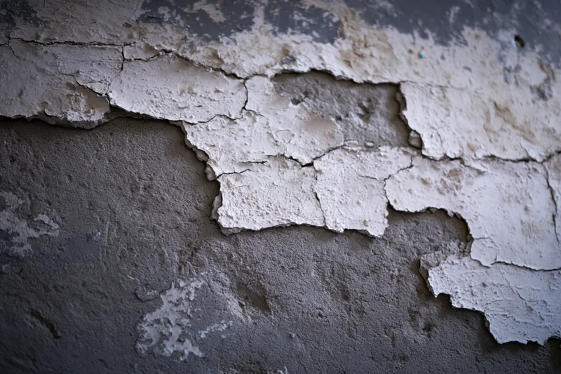 Peeling white plaster on a cracked concrete wall in an abandoned interior