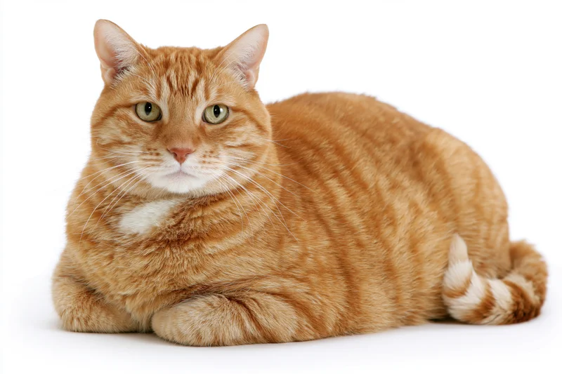 Orange tabby cat lying in loaf position on white background