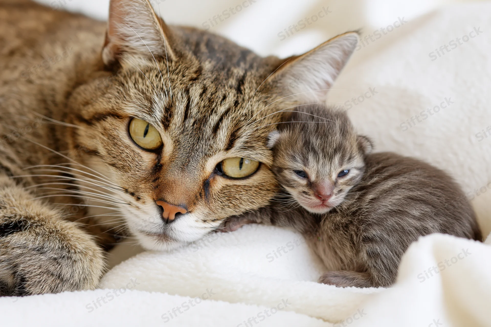 Mother tabby cat resting with newborn kitten on white fleece blanket