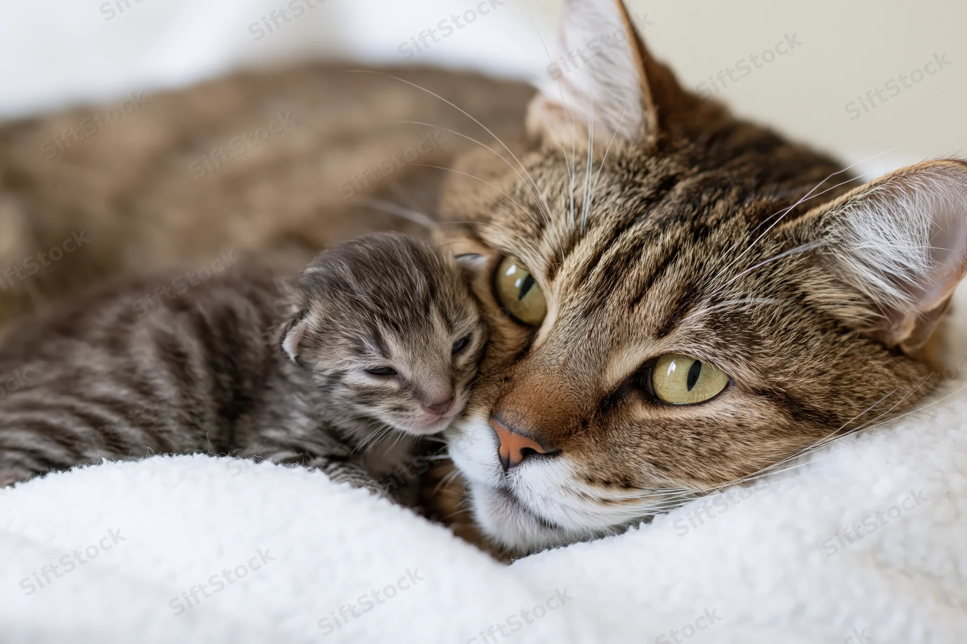 Mother tabby cat resting with her tiny kitten on a white fleece blanket