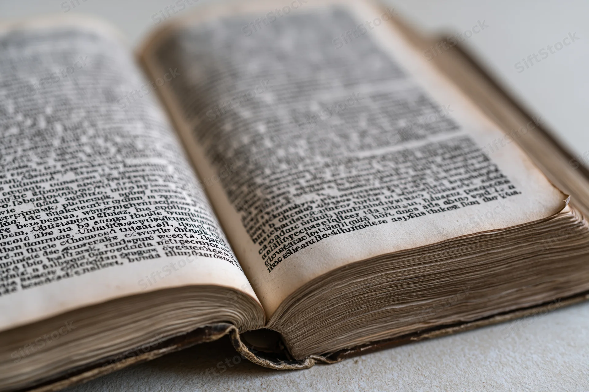 Open aged book with dense text pages lying flat on a light surface