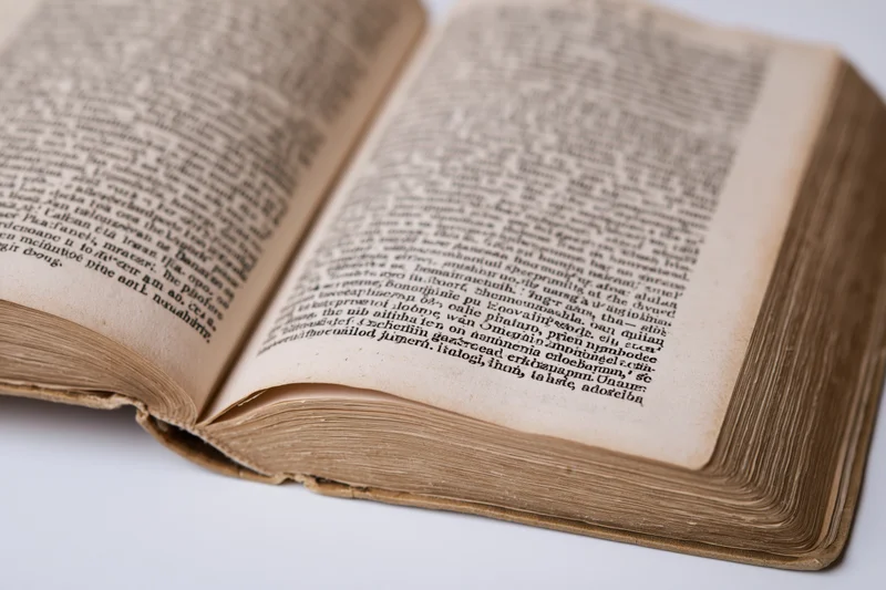 Open aged book with dense printed text on yellowed pages against white background