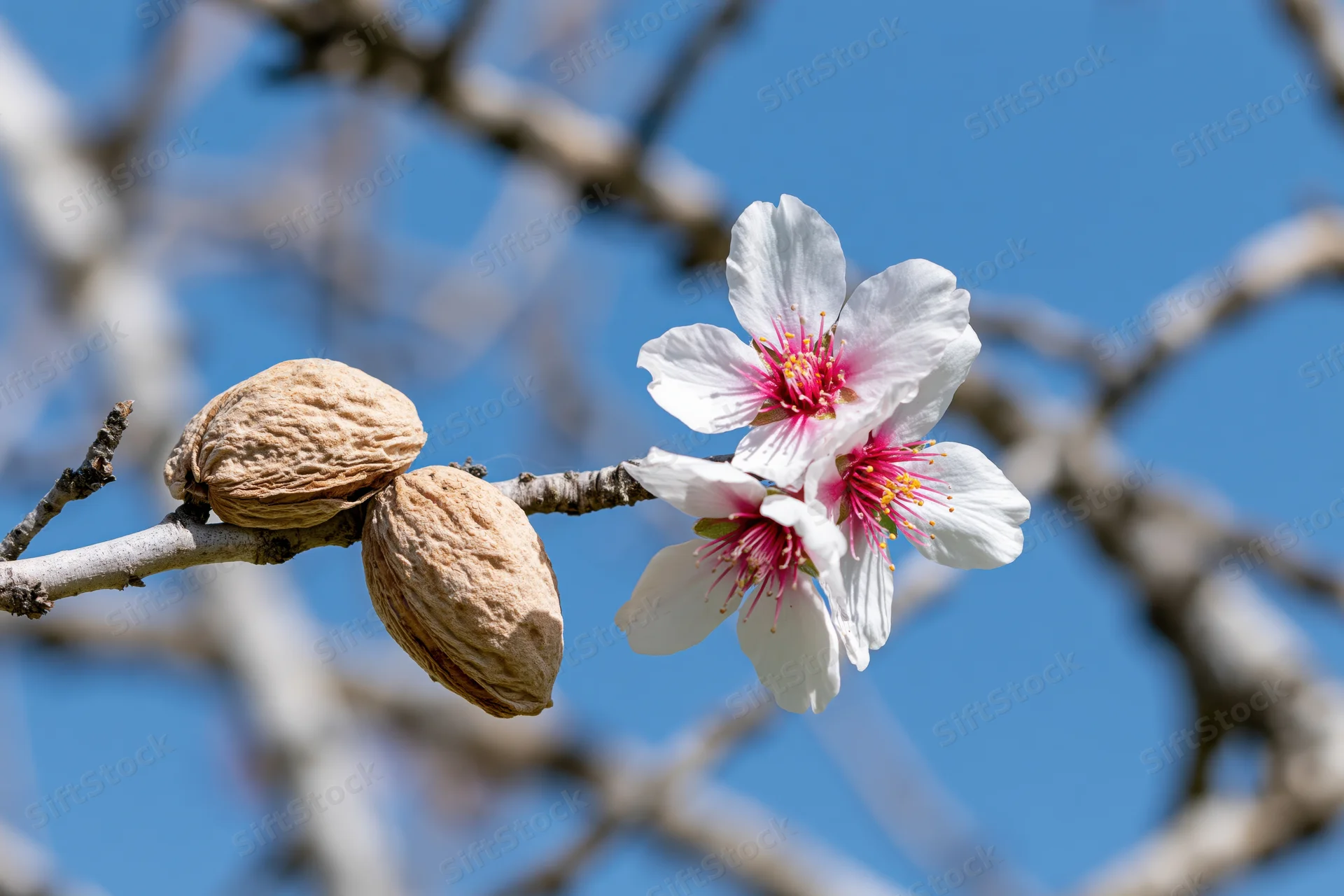 Almond tree branch with white blossoms and dried almond shells against blue sky