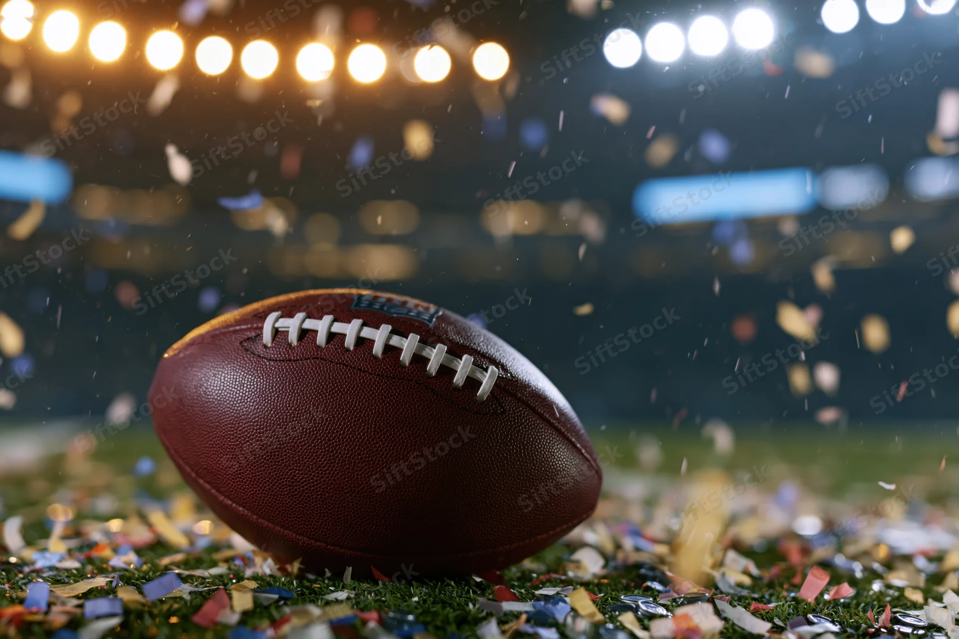Nfl football resting on turf amidst falling confetti under stadium lights at night