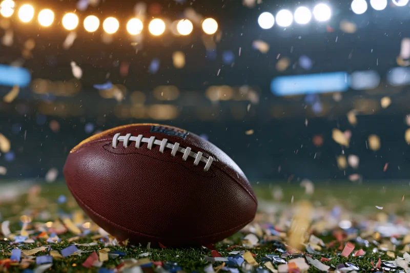 Nfl football resting on turf amidst falling confetti under stadium lights at night