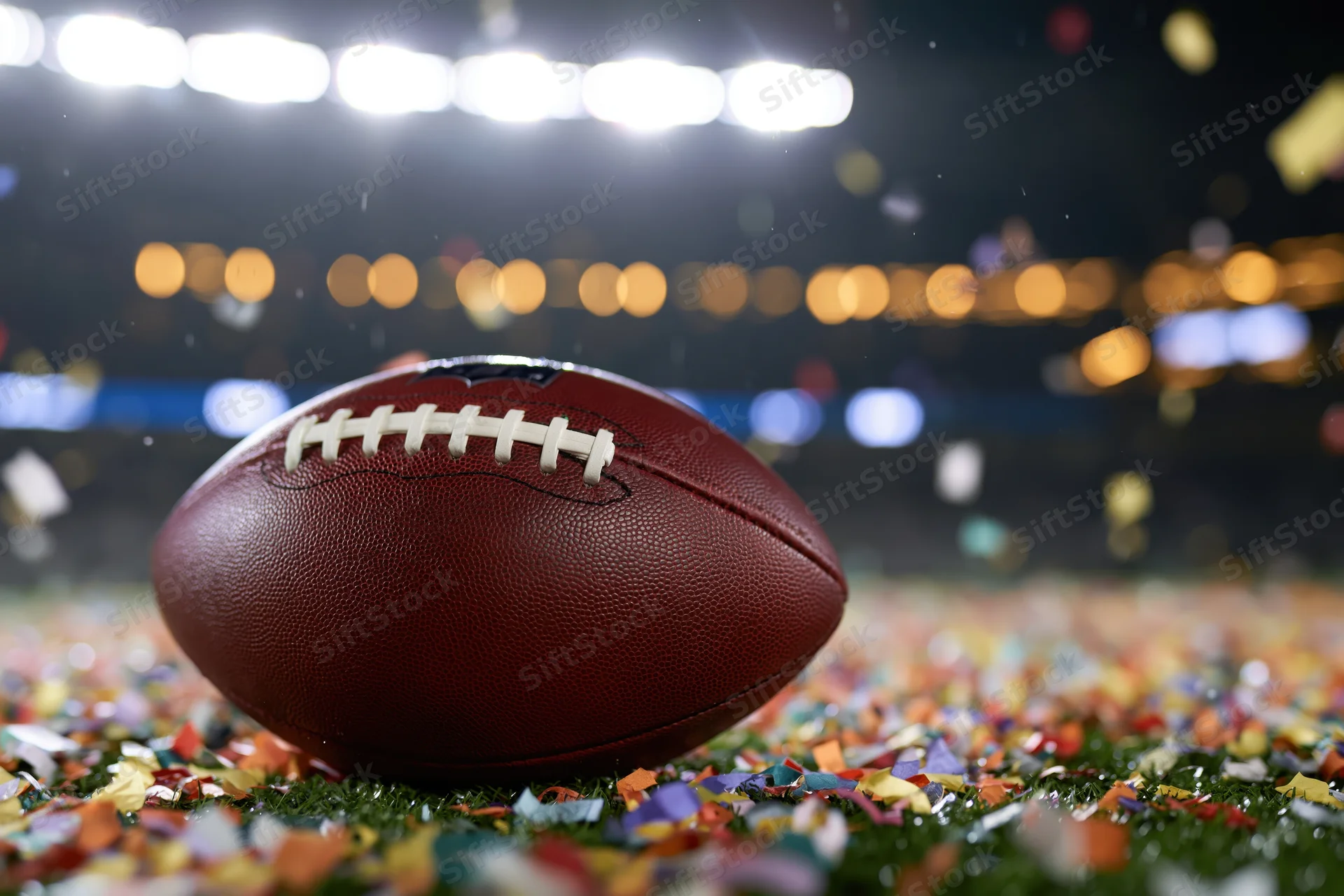 American football resting on turf covered in confetti under stadium lights at night