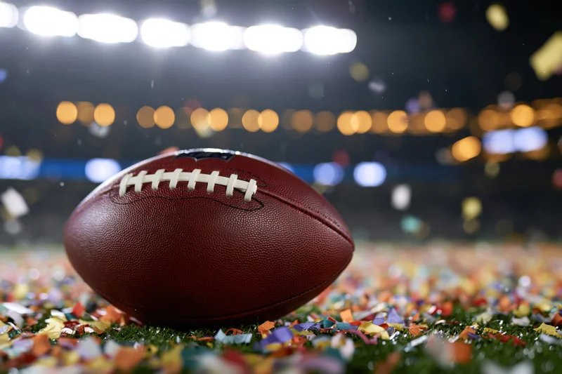 American football resting on turf covered in confetti under stadium lights at night