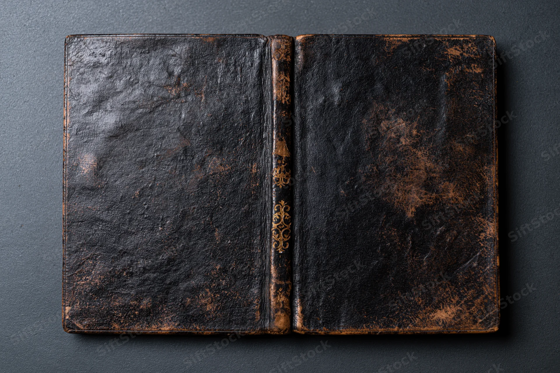Open antique leather book lying flat on dark surface showing both covers and spine with gold embossing