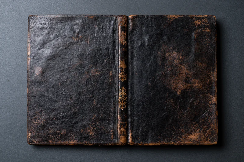 Open antique leather book lying flat on dark surface showing both covers and spine with gold embossing