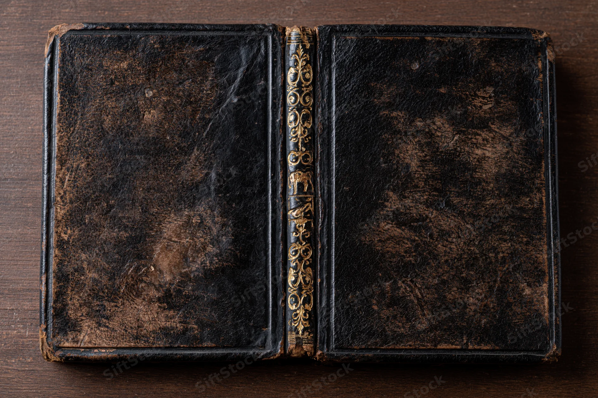Open antique leather book with ornate gold spine lying flat on wooden surface