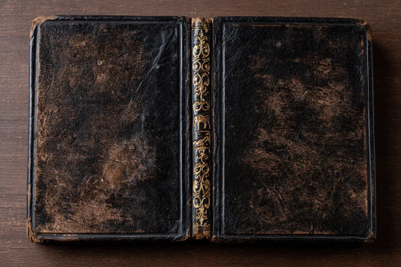 Open antique leather book with ornate gold spine lying flat on wooden surface