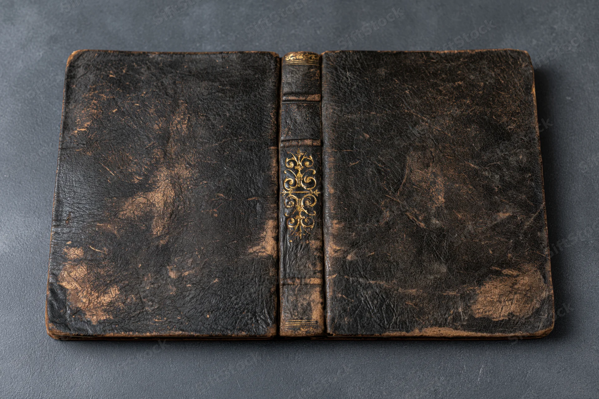 Open antique leather book with gold-embossed spine lying flat on dark surface
