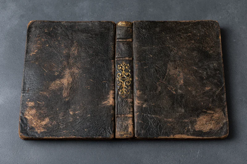 Open antique leather book with gold-embossed spine lying flat on dark surface