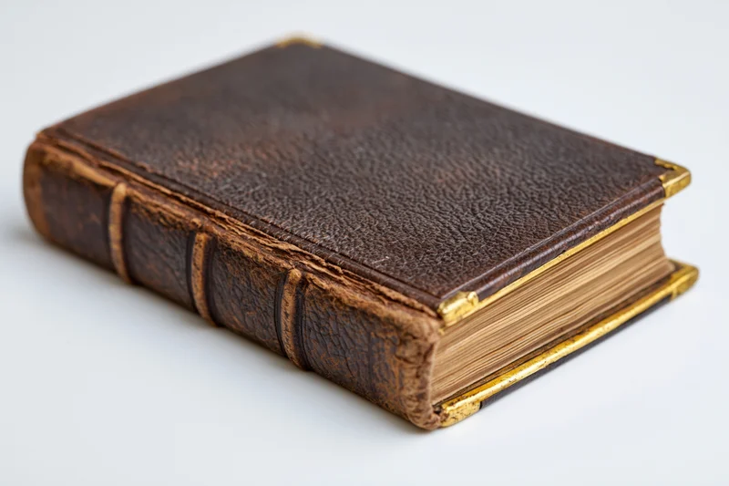 Antique leather-bound book resting at an angle on a white surface