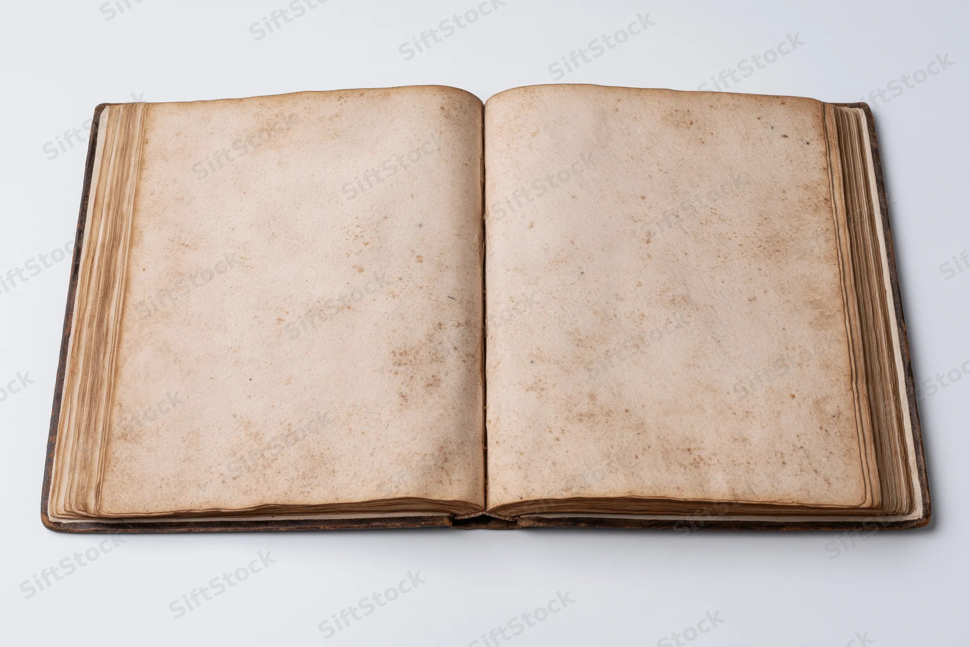 Open antique book with blank aged pages on white surface