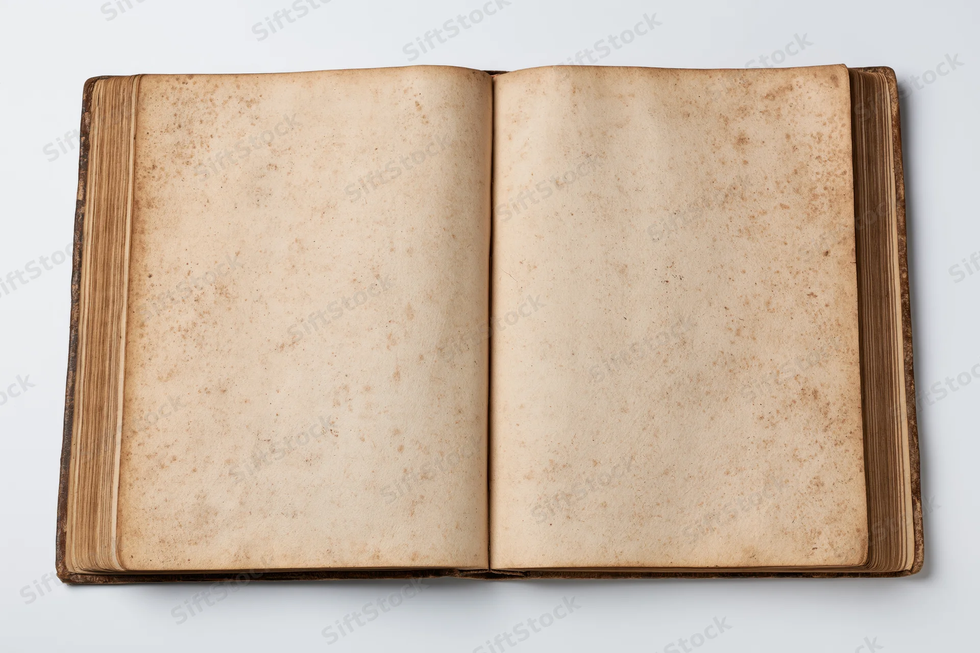 Open antique book with blank aged pages on white background