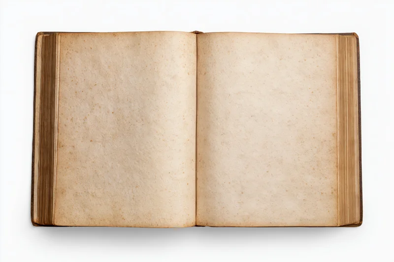Open antique book with blank aged pages on white background