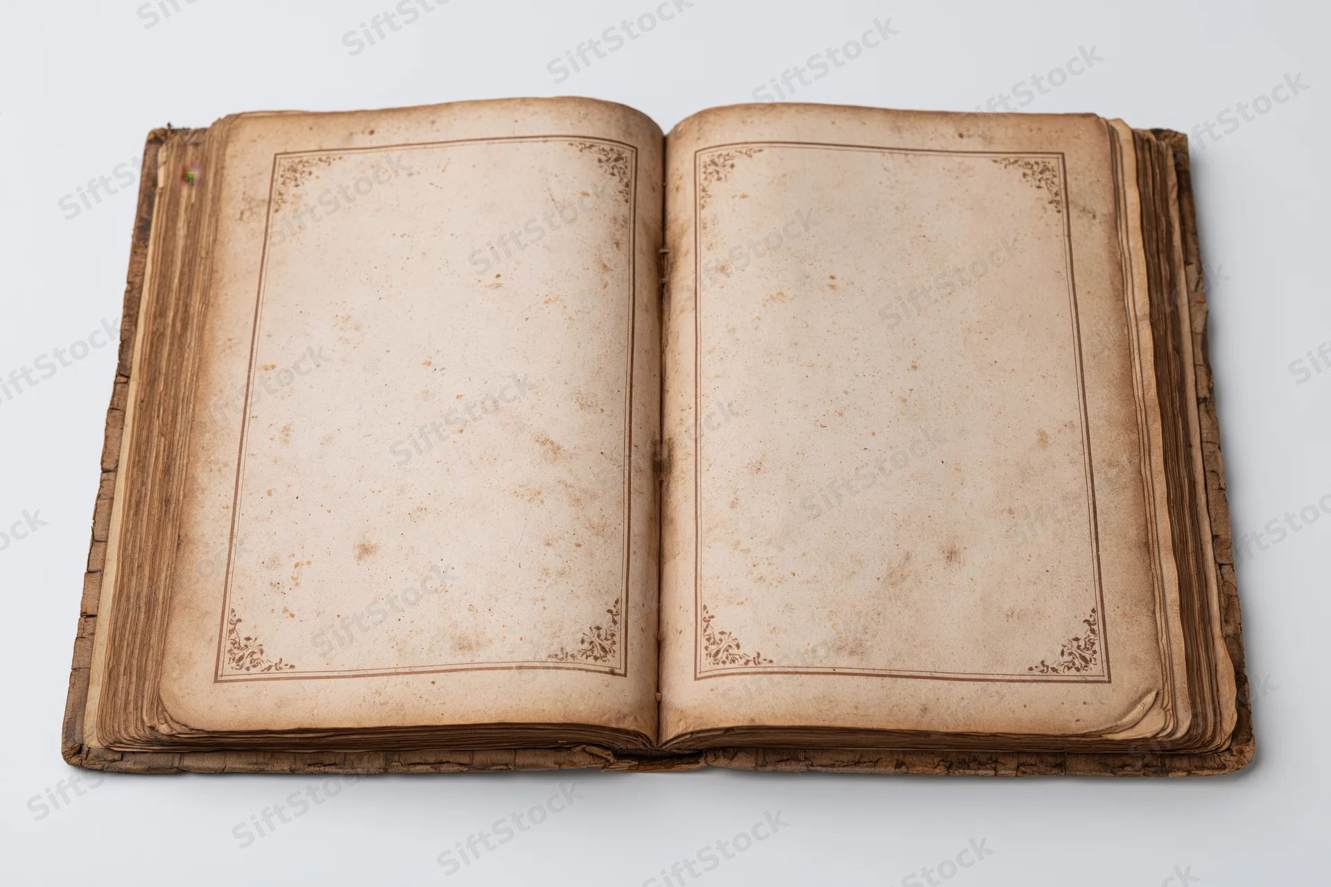 Open antique book with blank aged pages and ornate borders on white background