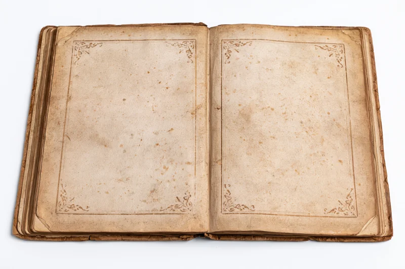 Open antique book with blank aged pages and ornate borders on white background