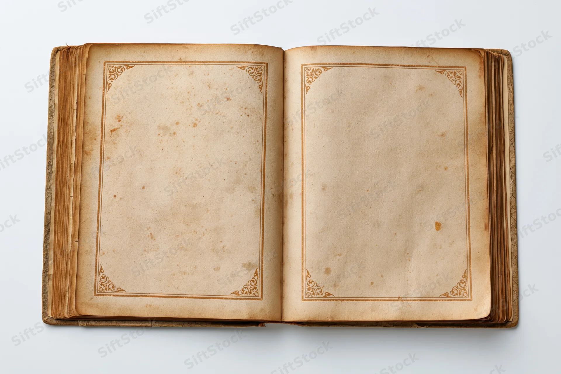 Open antique book with blank aged pages and ornate borders on white background