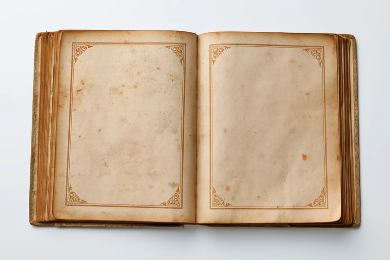Open antique book with blank aged pages and ornate borders on white background