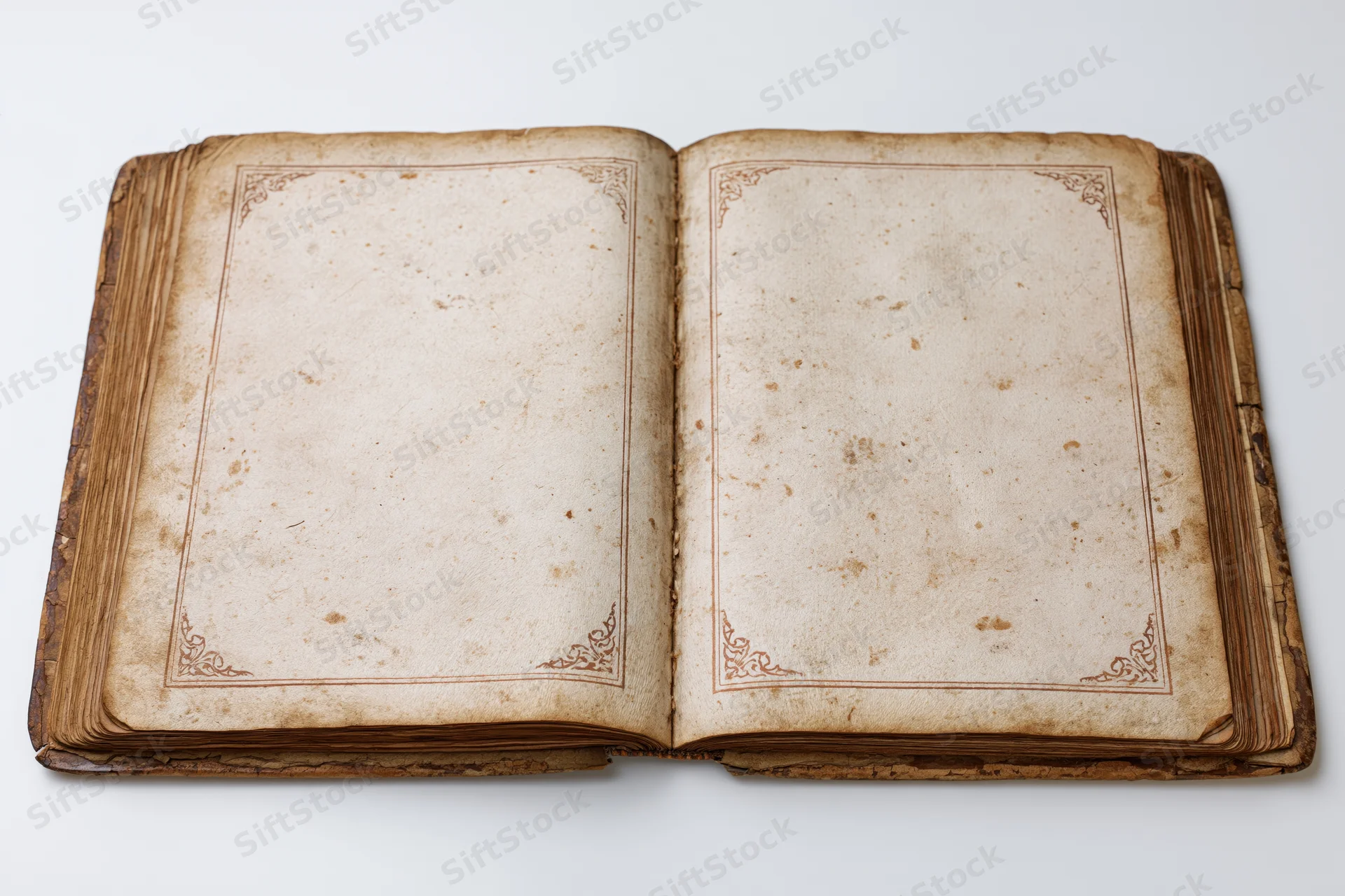 Open antique book with blank aged pages on white background