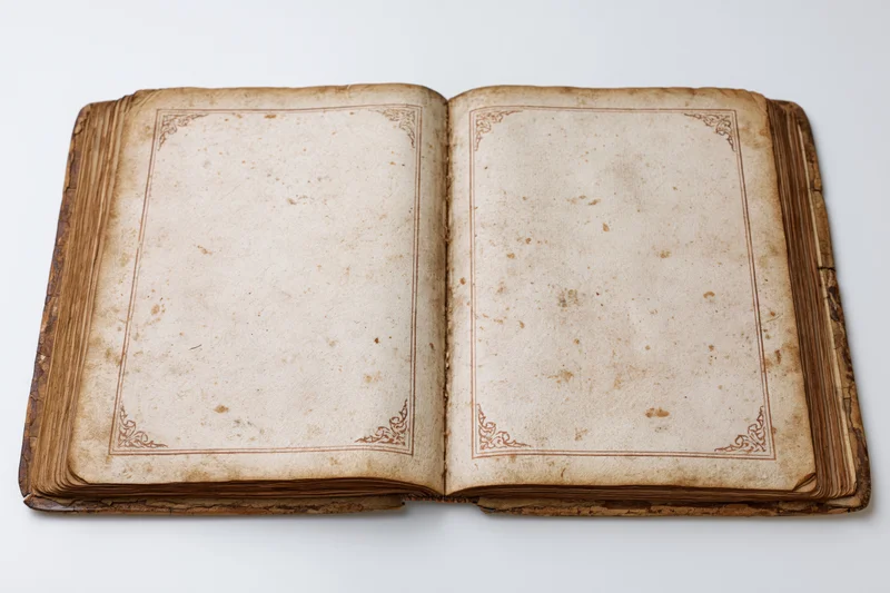 Open antique book with blank aged pages on white background