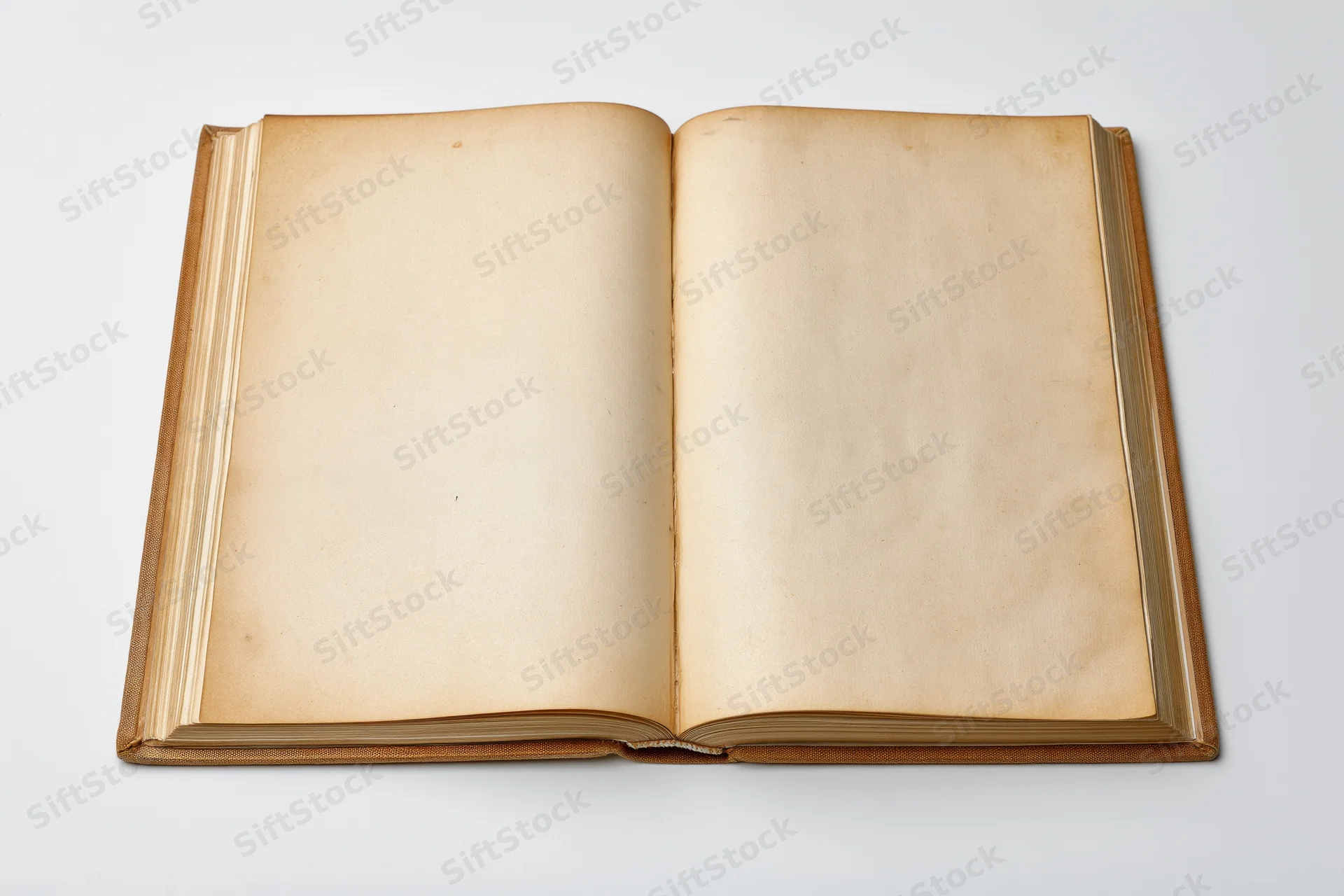 Open vintage hardcover book with blank yellowed pages on white background