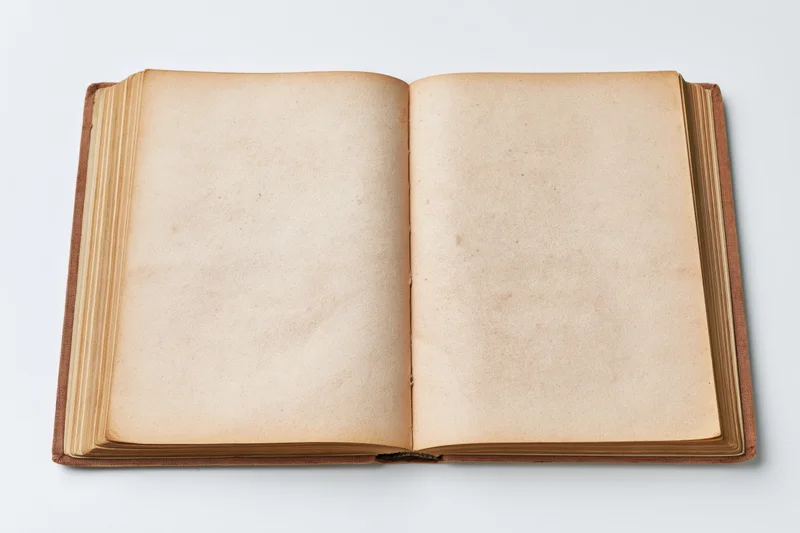 Open vintage hardcover book with blank yellowed pages on white background