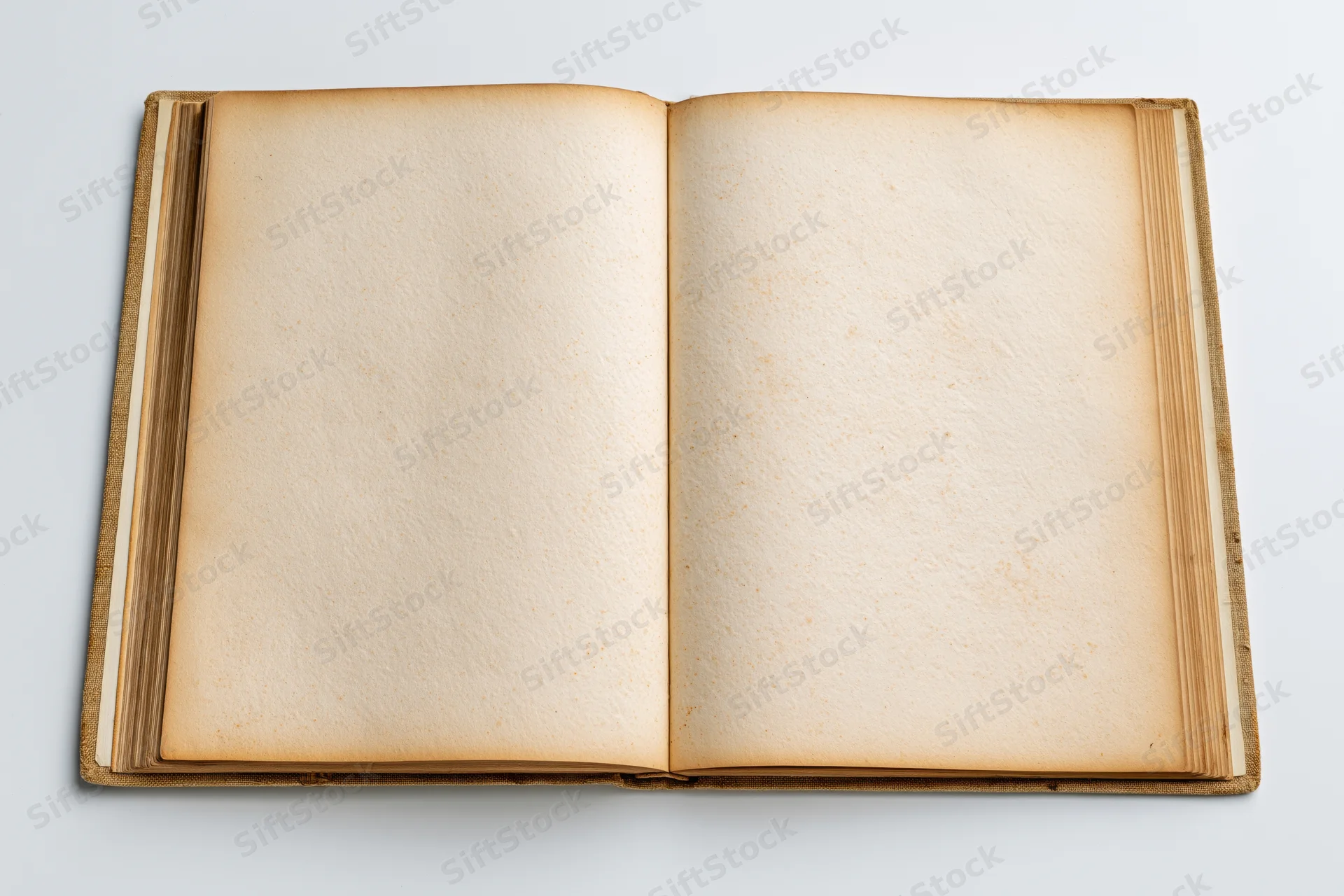 Open vintage hardcover book with blank yellowed pages on white background