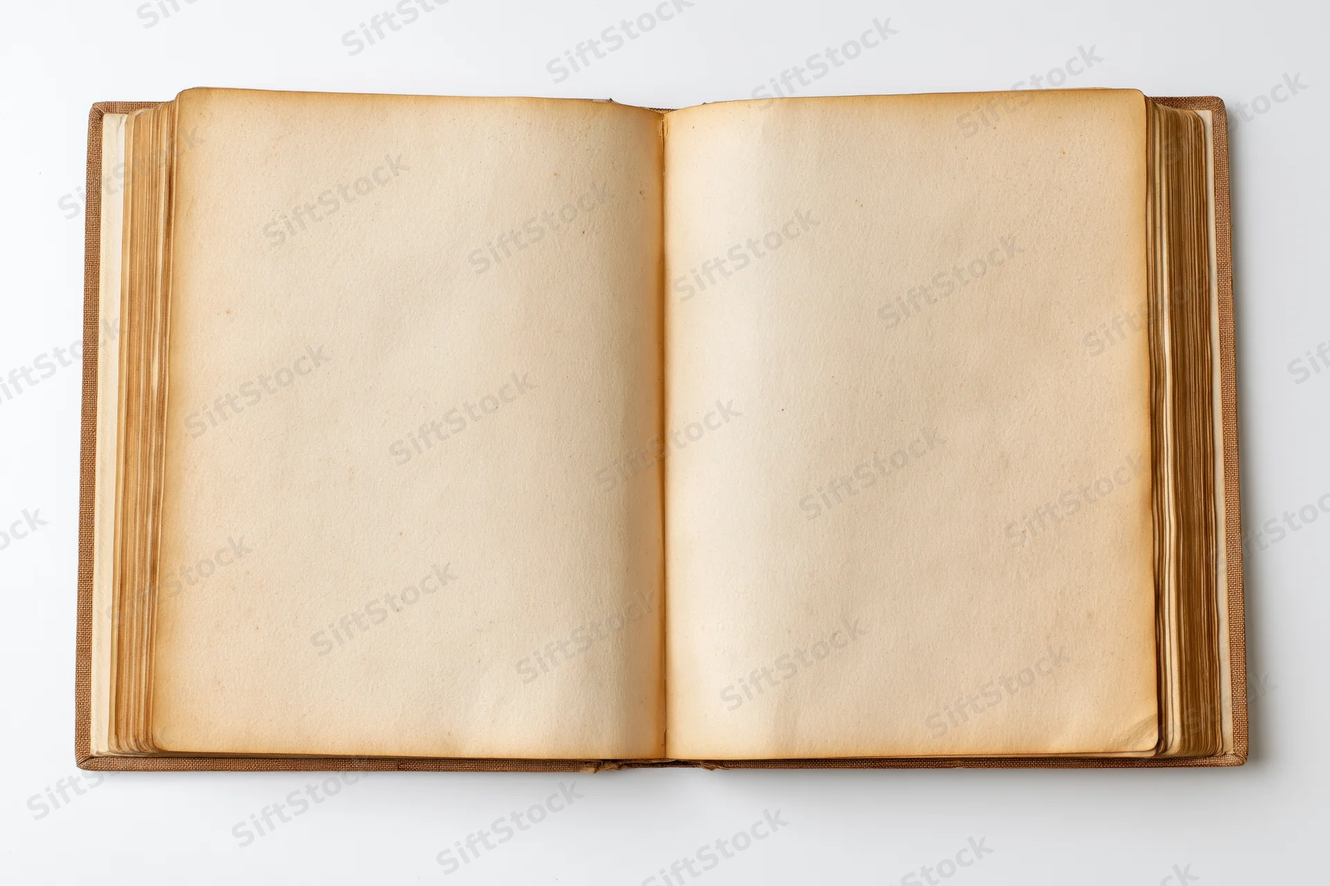 Open vintage hardcover book with blank yellowed pages on white background