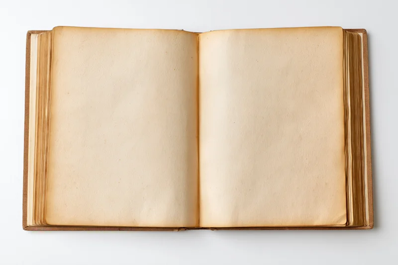 Old hardcover book laid flat showing two blank yellowed pages