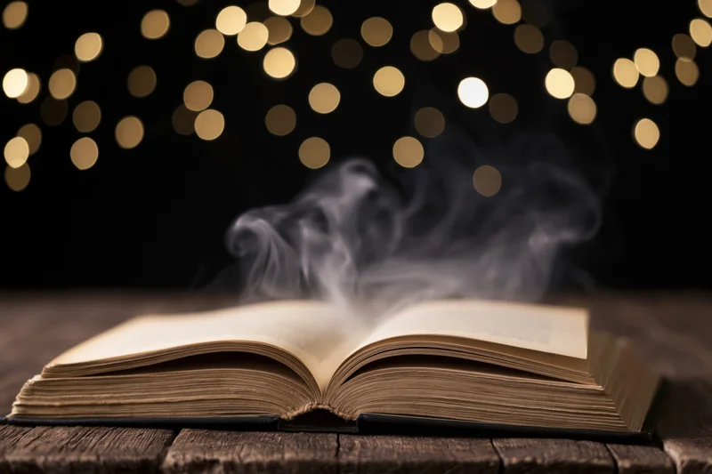 Open old hardcover book with smoke rising from pages on wooden table against dark background with golden bokeh lights