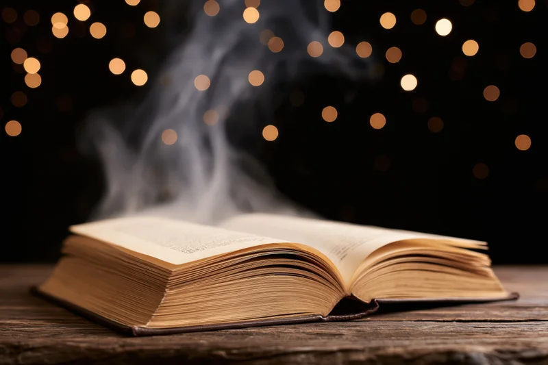 Open old hardcover book with rising smoke on a worn wooden table against a dark background with warm bokeh lights