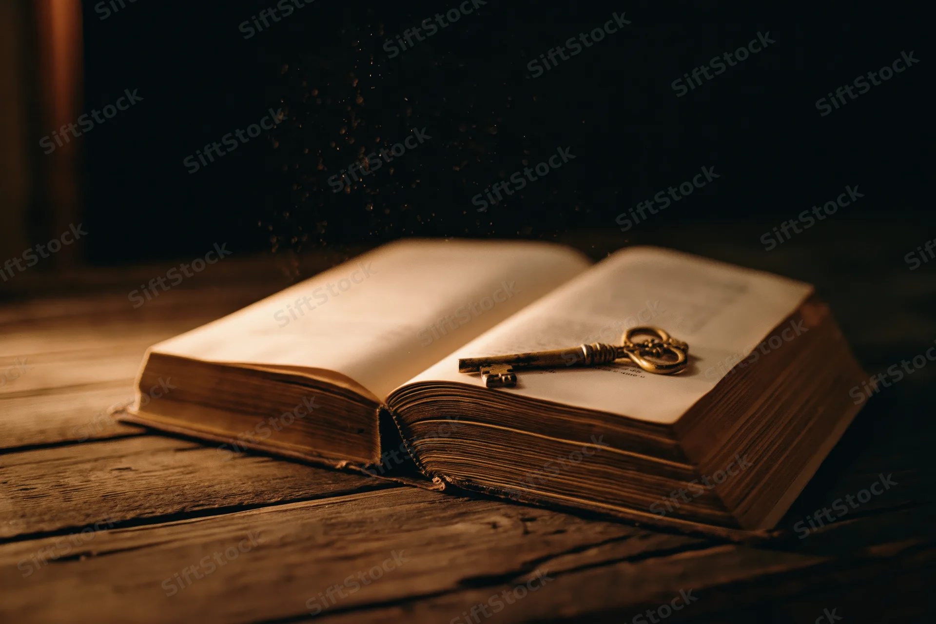Open antique book with vintage key resting on worn wooden table under warm light