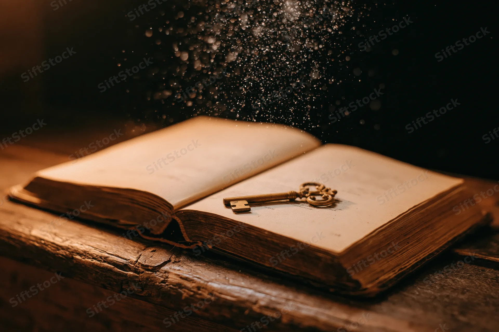 Open antique book with a brass key resting on its pages, dust particles floating above, on a worn wooden table