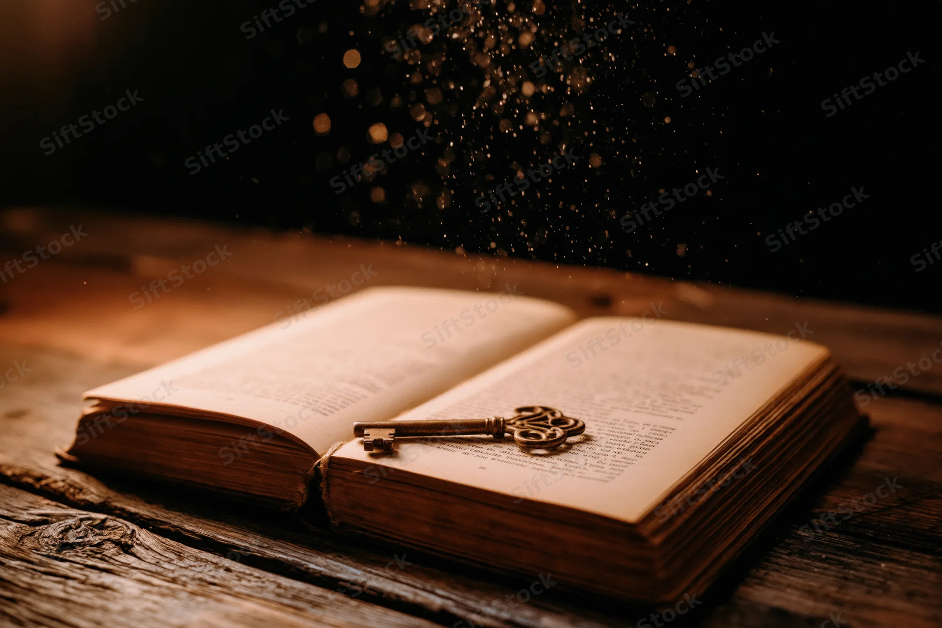 Open antique book with ornate metal key resting on pages on rustic wooden table