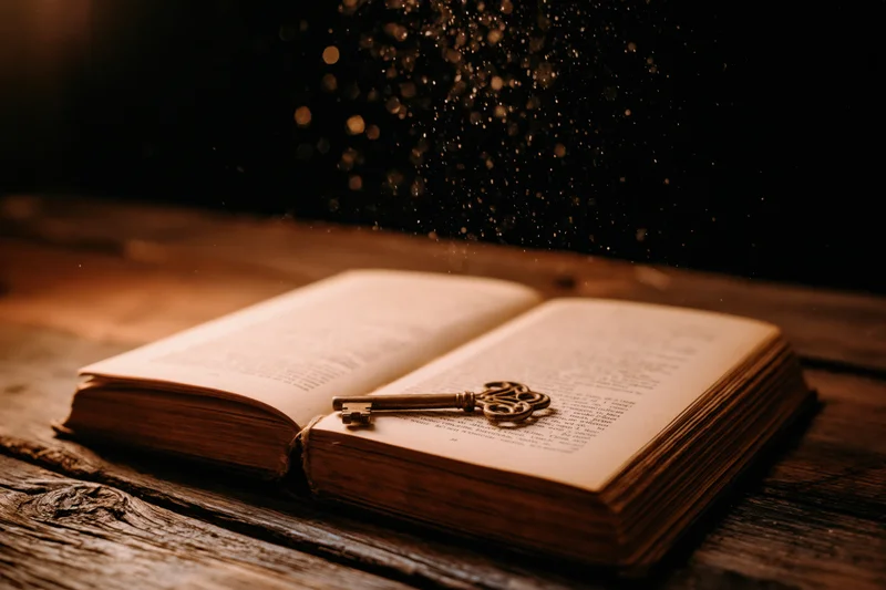 Open antique book with ornate metal key resting on pages on rustic wooden table