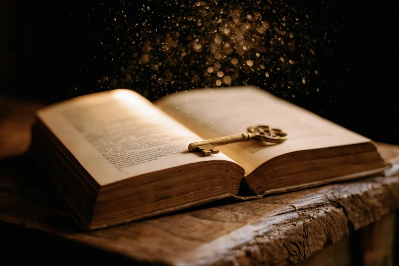 Open antique book with ornate key resting on pages on worn wooden table, dust particles glowing in warm light