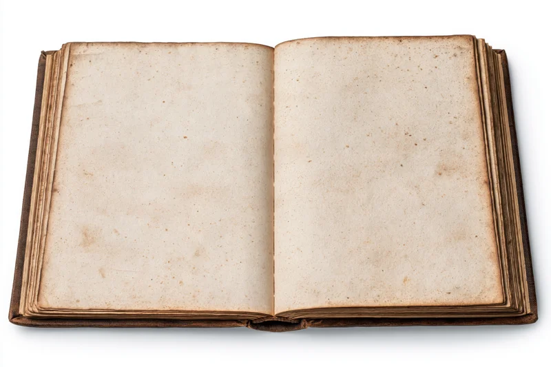 Open vintage book with blank yellowed pages on white background