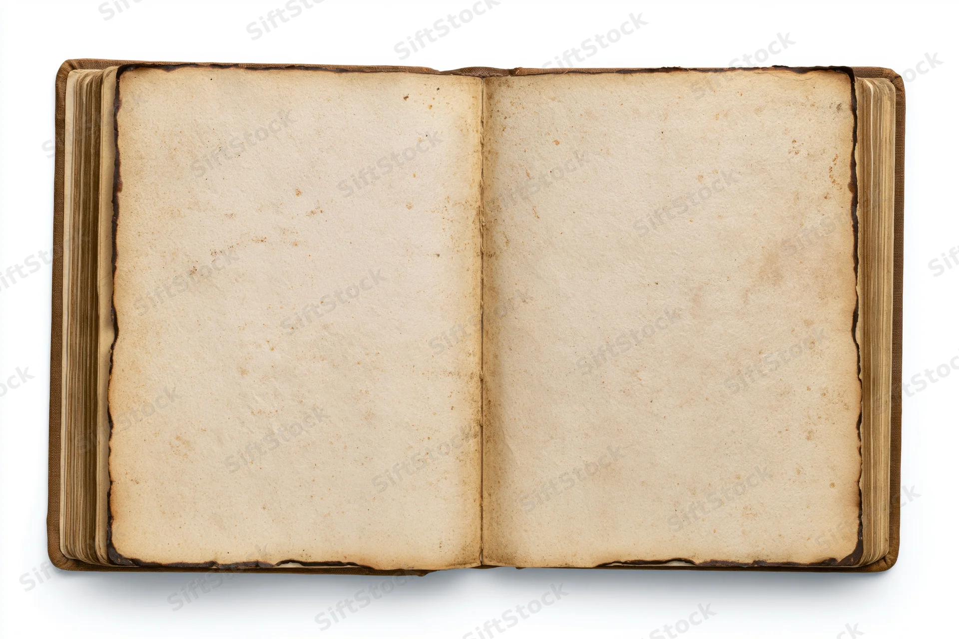 Open vintage book with blank yellowed pages on white background