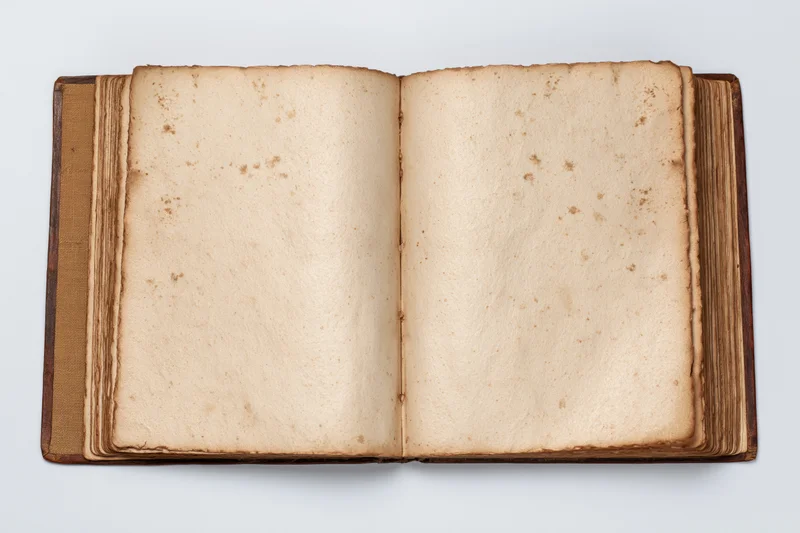 Open vintage book with blank yellowed pages on white background