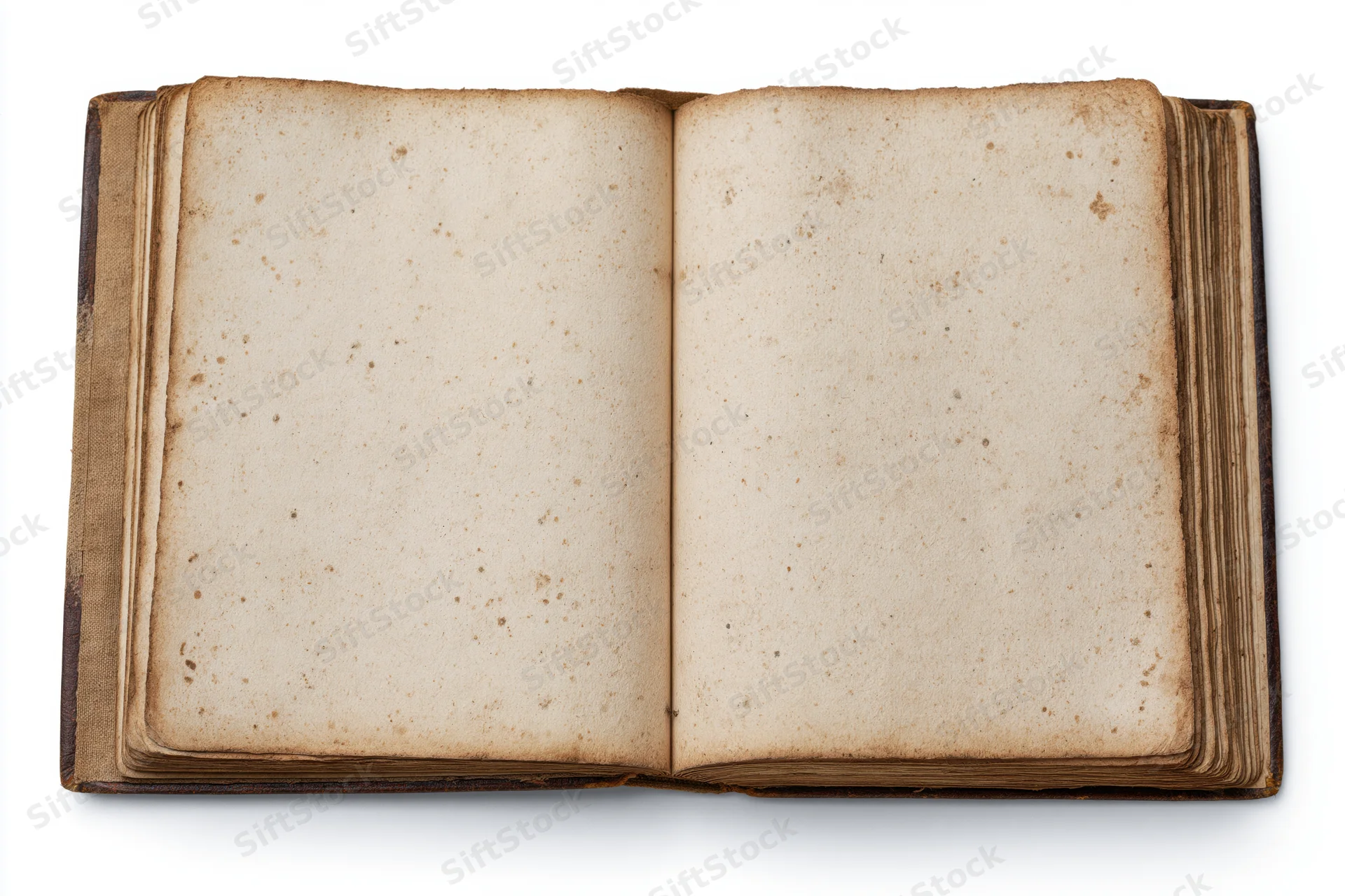 Open vintage book with blank yellowed pages lying flat on white background