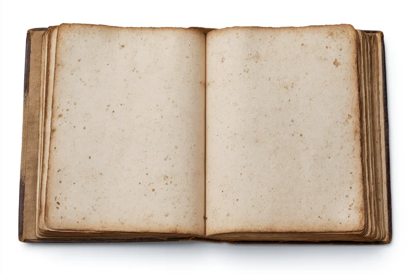 Open vintage book with blank yellowed pages lying flat on white background